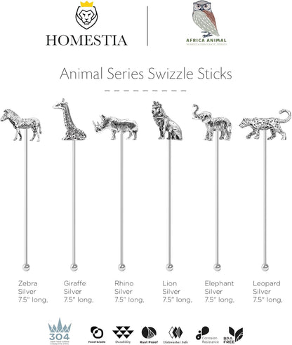 Homestia 7.5" Stainless Steel Cocktail Stirrers with Cute Animal Design, Set of 6 Reusable Swizzle Sticks for Coffee, Martini, Drinks - Dishwasher Safe Metal Bar Tools Stir Sticks