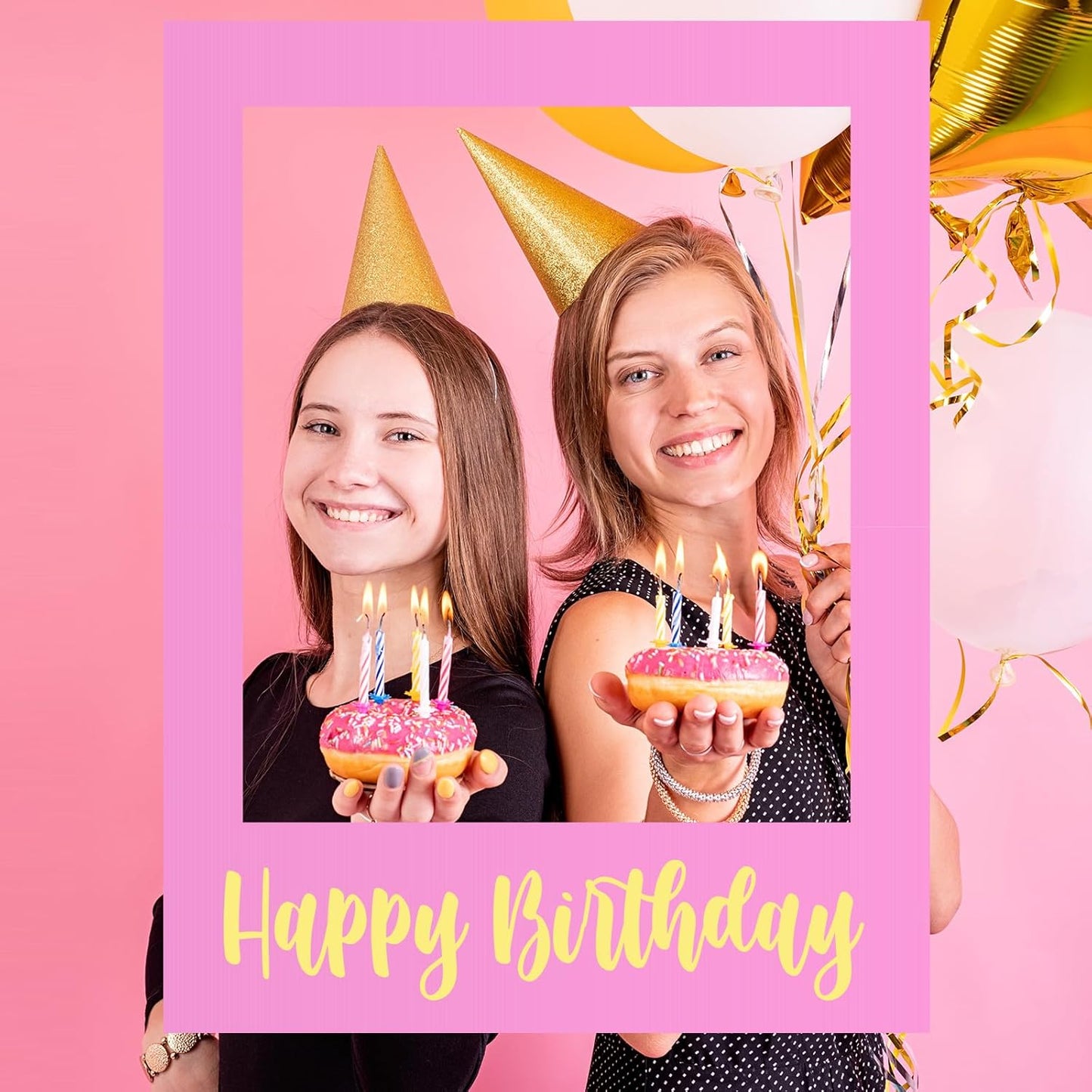 Beeveer 32 x 24 Inch Extra Large Happy Birthday Photo Booth Selfie Frame Props Picture DIY Cutouts Photo Backdrop Cardboard Props for Party Supplies Favors(Vertical,Shiny Gold)