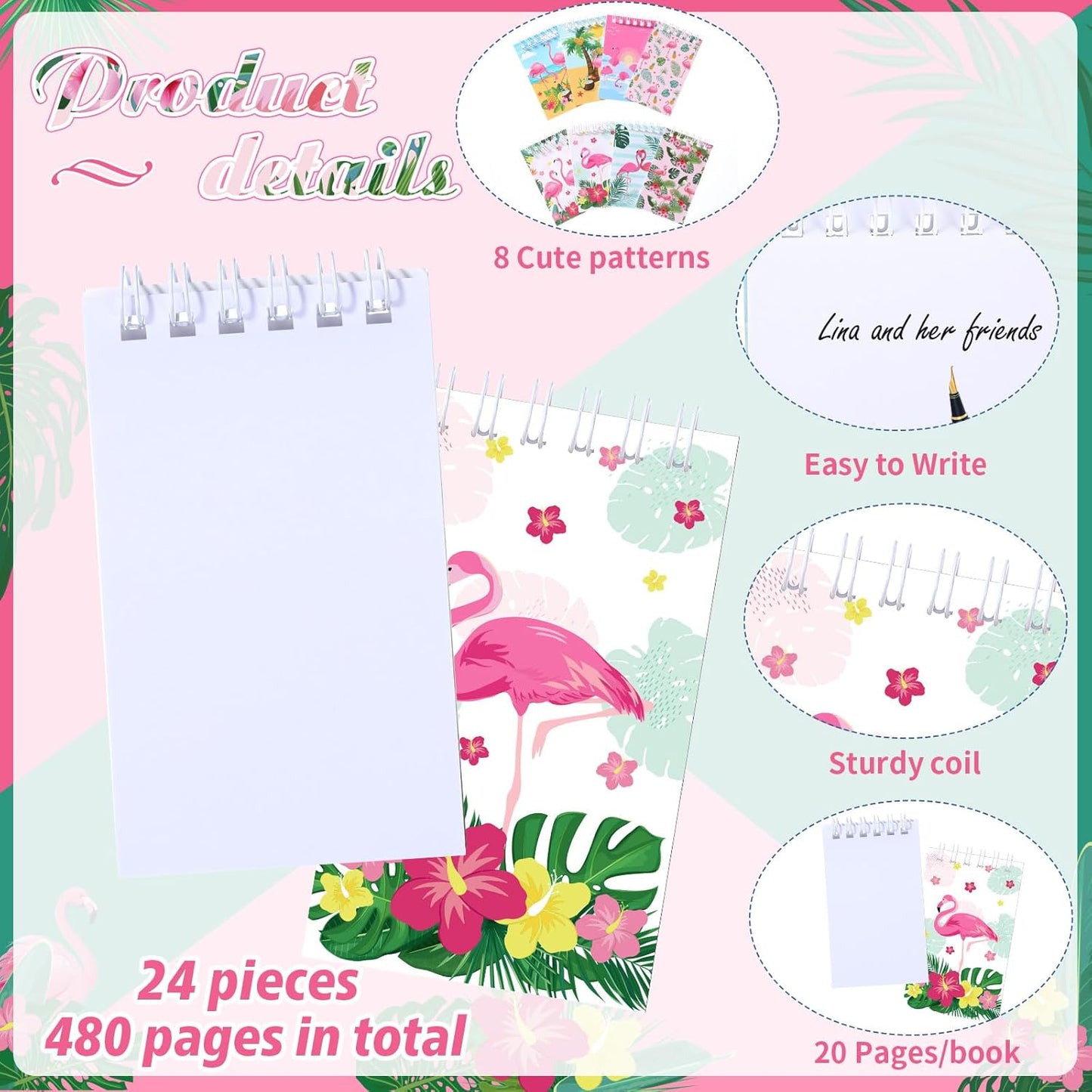 Faccito 24 Pcs Flamingo Party Favors Summer Mini Notepads Hawaii Pocket Notepads Tropical Spiral Luau Tiny Memo Notes for Birthday Party Supplies School Student Teacher Classroom Reward
