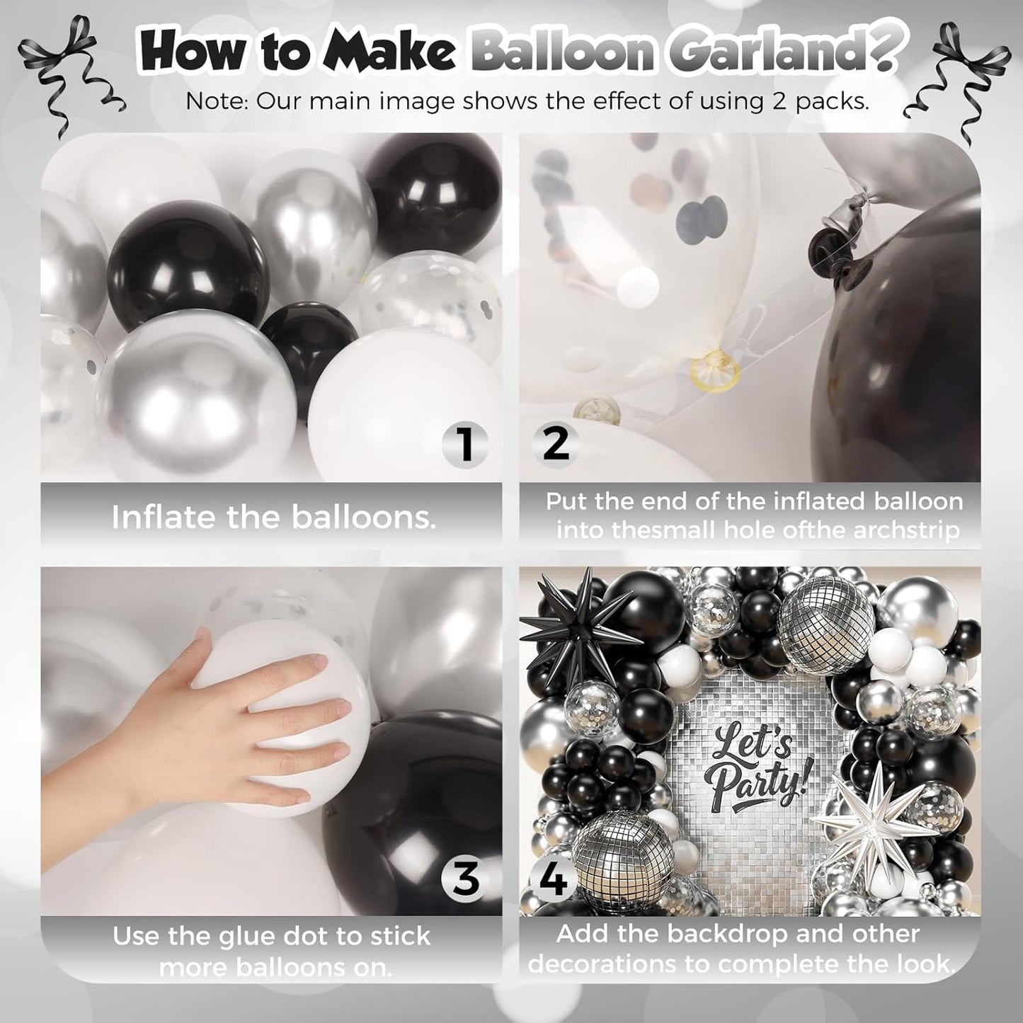 153Pcs Black and Silver White Balloon Garland Arch Kit with Stars, 22 18 12 10 5 inch Disco Ball Balloons Black White Metallic Silver Confetti Balloon for Birthday Graduation Party Decorations