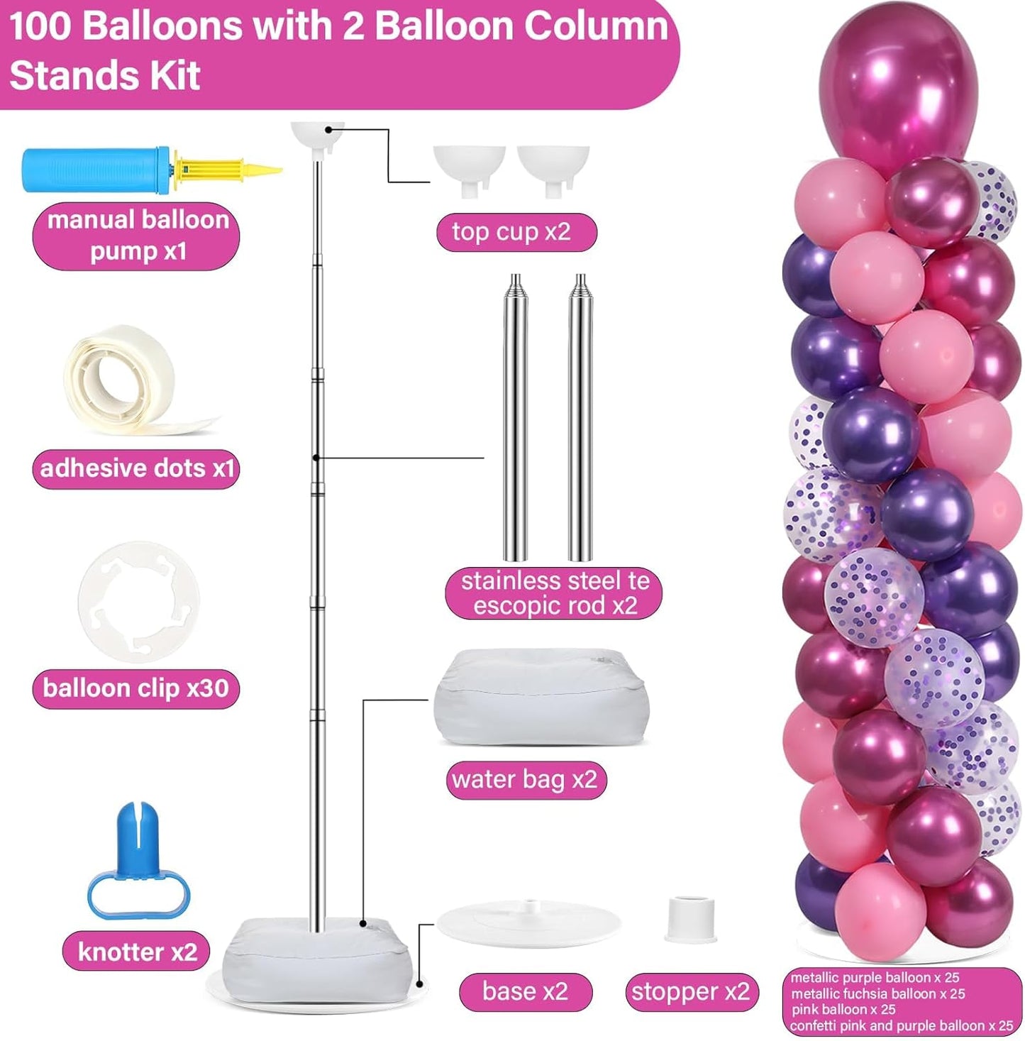 2 Set Black and Gold Balloons Column Stand Kit with 100 Balloons Adjustable Balloon Stand with Bases for Floor Black Gold Confetti Balloon Column Kit for Bridal Shower Valentine Birthday Party Decor