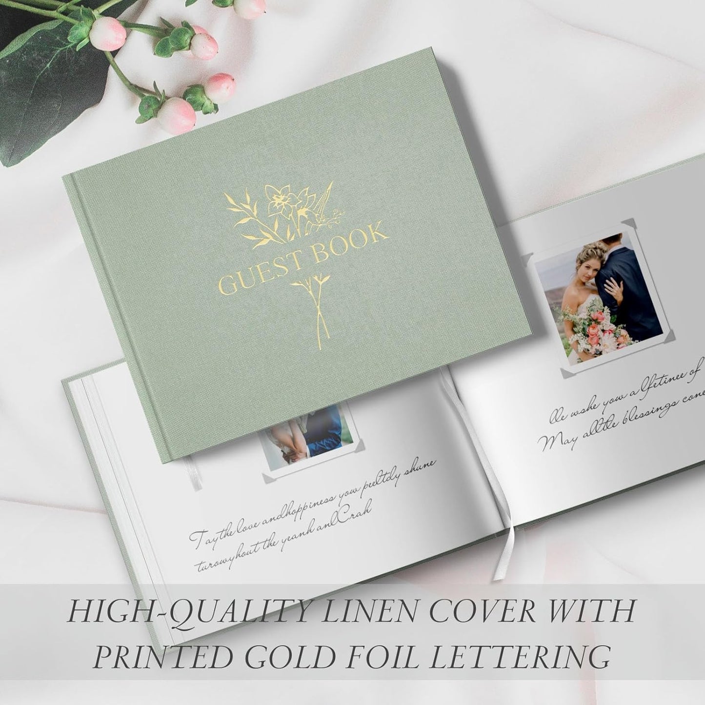 Wedding Guest Book for Memorial Service with 216 Photo Corners Stickers, Linen Guestbook to Sign at Bridal Shower or Wedding Reception Party,100 Pages, Blank Thick Paper Books for Baby Shower- Sage