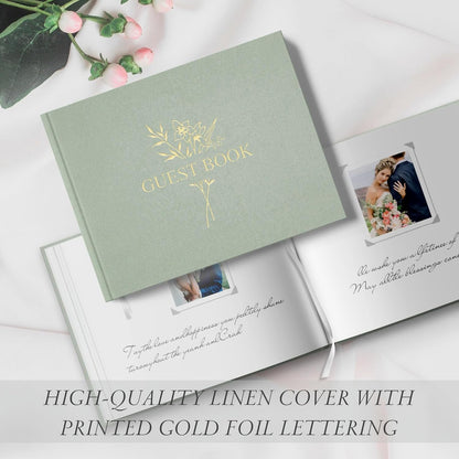 Wedding Guest Book for Memorial Service with 216 Photo Corners Stickers, Linen Guestbook to Sign at Bridal Shower or Wedding Reception Party,100 Pages, Blank Thick Paper Books for Baby Shower- Sage
