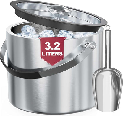 3.4Quart/3.2L Insulated Stainless Steel Ice Bucket with Lid, Scoop, Leather Design Double Wall Wine Bucket for Cocktail Bar, Parties (Dark Blue)