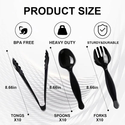 30 Pcs Disposable Black Plastic Serving Utensils,10 Set Including 9" Plastic Serving Spoons, Forks and Tongs for Dinner Parties, Buffets,Banquets, Events, Weddings, and Daily Use