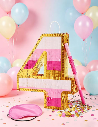 Number 5 Piñata with Stick, Blindfold & Confetti-Pink Piñata for Birthday Parties, Complete Party Game Set for Kids Girls-Gradient Pink Birthday Decor with Fillable Design(Small, 16.5 x 11.5 x 3 In)