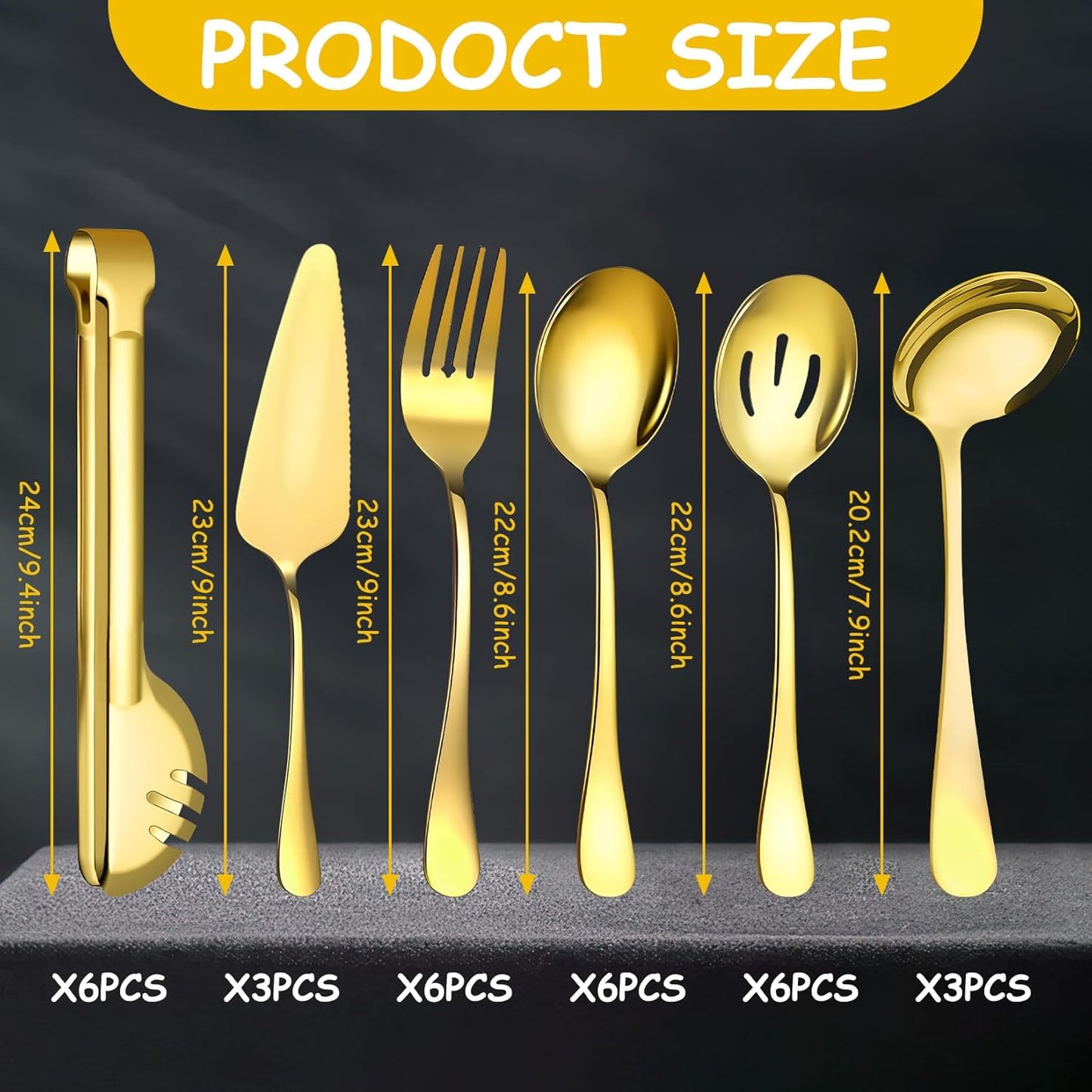 12 Pcs Gold Serving Utensils Set Include Stainless Steel Large Serving Spoons Slotted Spoons Forks Soup Ladle Pie Server - Metal Utensils for Parties Buffet Catering, Dishwasher Safe