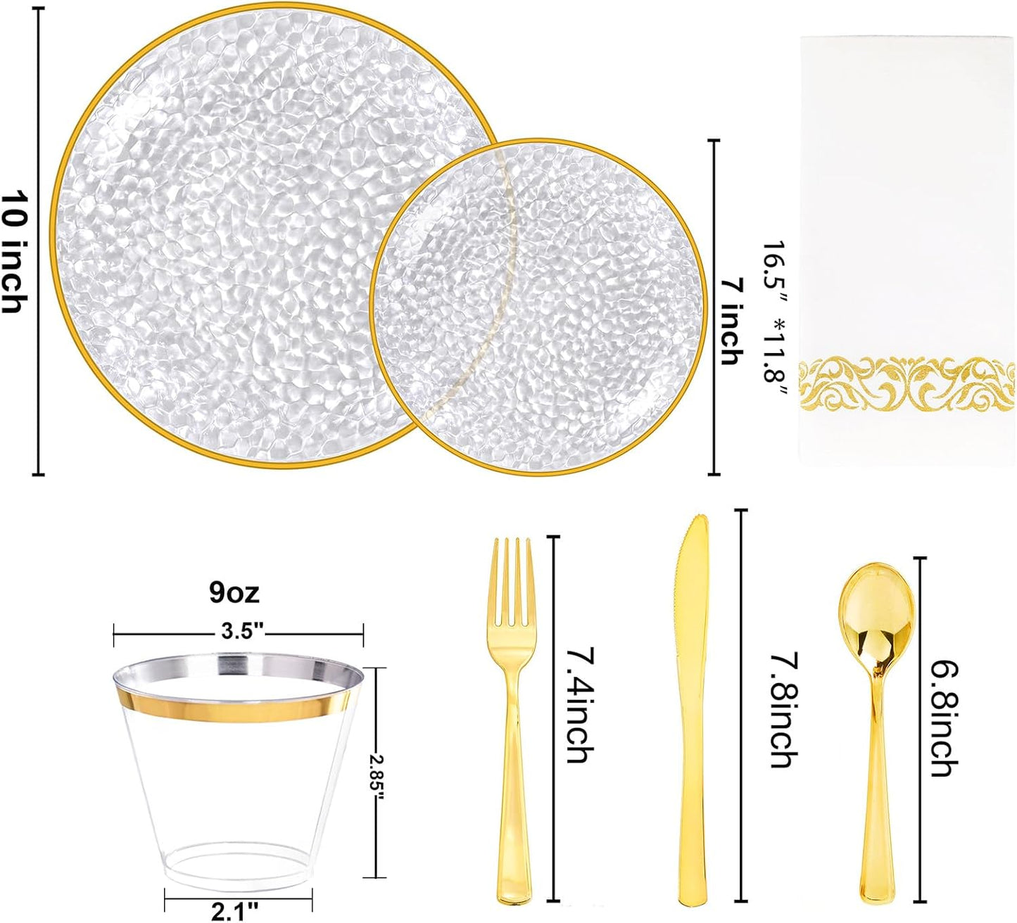 Rubtlamp 350 Pcs Clear Blue Plastic Plates, Blue Gold Plastic Dinnerware Set (50 Guests), Blue Disposable Plates With Gold Rim, Hammered Party Plates Set for Wedding And Party