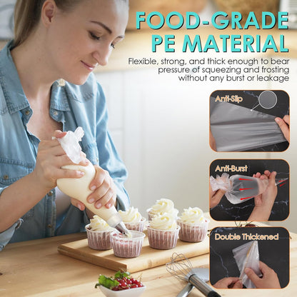 HOTEC Piping Bags and Tips Set, 120 Pcs Cake Decorating Kit with 100pcs 12 Inch Disposable Pastry Bags, 1 Reusable Piping Bags, 12 Piping Tips, 3 Cake Scraper, 2 Couplers, 2 Bag Ties, Baking Supplies