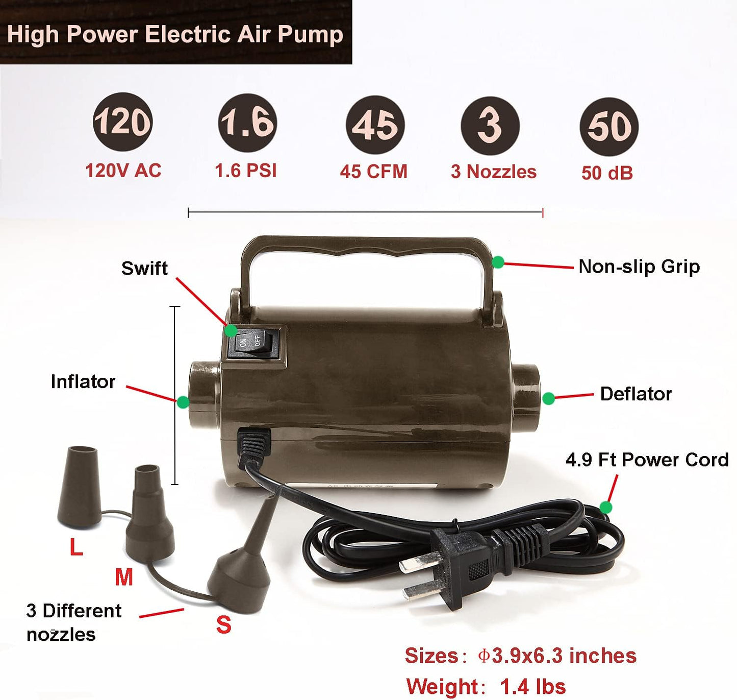 Artigarden Electric Air Pump Portable 460W Quick-Fill Air Pump Air Flow 45CFM 2.1PSI with Hose 5 Nozzles 120V AC Inflator Deflator Pump for Air Mattress Air Bed Inflatable Cushion Boat Swimming Ring