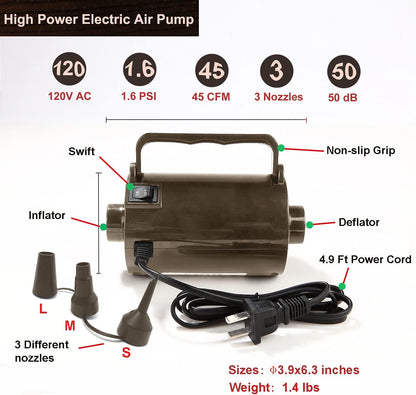 Artigarden Electric Air Pump Portable 460W Quick-Fill Air Pump Air Flow 45CFM 2.1PSI with Hose 5 Nozzles 120V AC Inflator Deflator Pump for Air Mattress Air Bed Inflatable Cushion Boat Swimming Ring