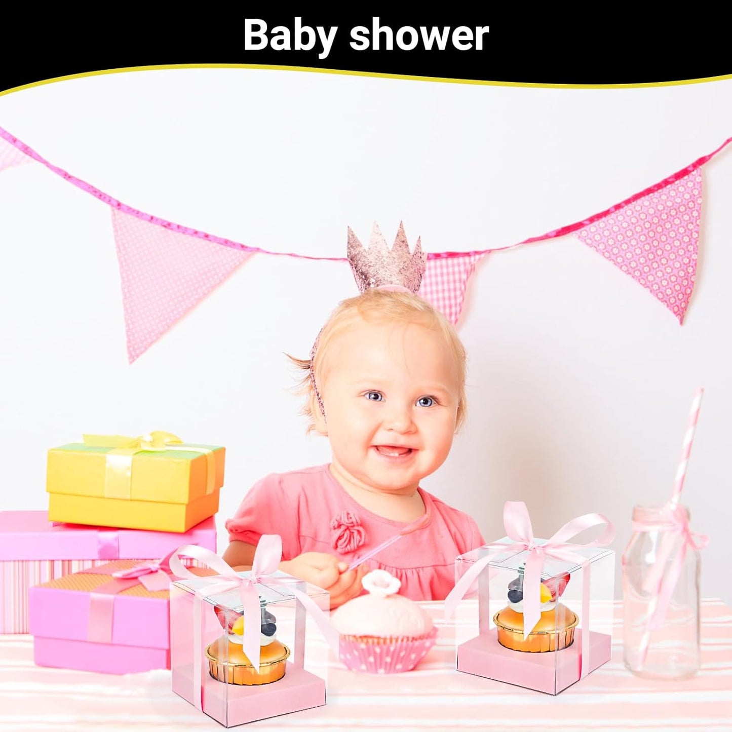 EUSOAR Individual Cupcake Holder, 50pcs 3.5 Inch Plastic Black Cupcake Containers with Lids, Single Transparent Display Clear Cupcake Carrier with Ribbon and Inserts for Wedding Party Favor
