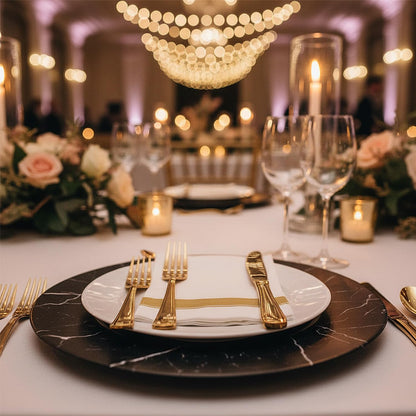 Rectangle Cloth-Like White Napkins with Gold Border, 50 Pack Fancy Paper Napkins, 22" x 22" Disposable Dinner Napkins - Decorative For Parties, Weddings, Dinners, Upscale Parties & Events