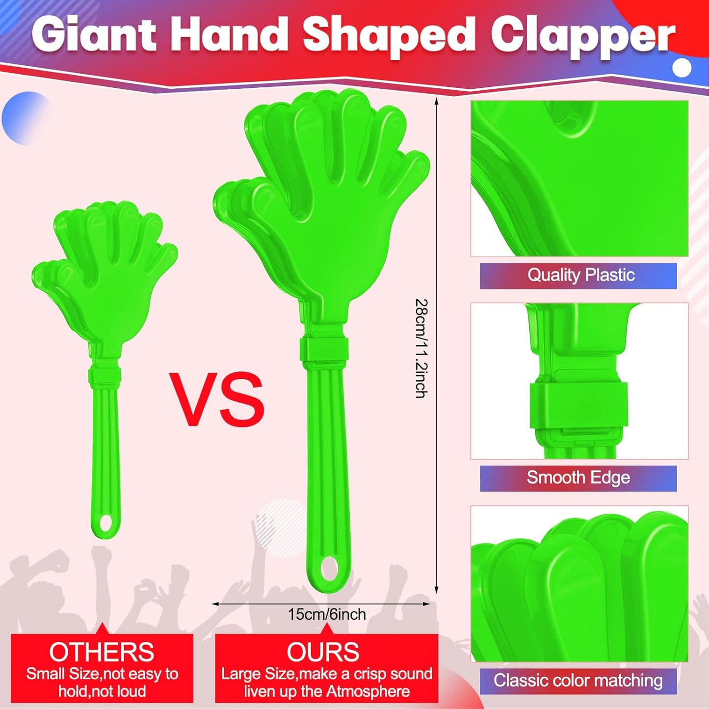 4 Pieces Jumbo Hand Clappers 11 Inch Noise Makers Party Favors Giant Large Hand Clappers Noise Makers for Sporting Events Cheers Ball Dance Basketball Football Noisemakers (Red)