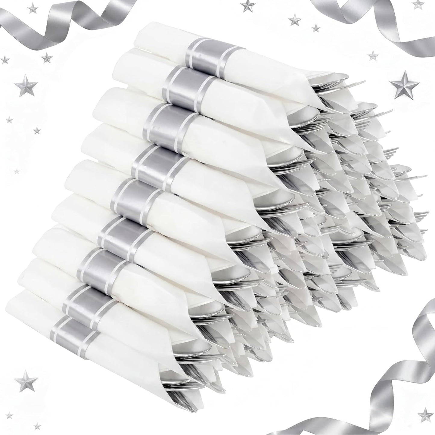 Supernal 240 Silver Plastic Silverware Set - 60 Sets Pre Rolled Napkins with Cutlery - Mirror Polished Real Look Disposable Silver Utensils- Elegant Heavy Duty Flatware for Weddings & Catering