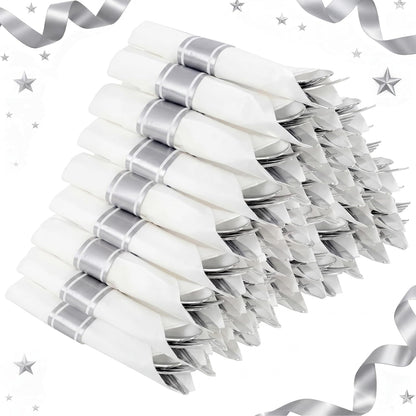 Supernal 240 Silver Plastic Silverware Set - 60 Sets Pre Rolled Napkins with Cutlery - Mirror Polished Real Look Disposable Silver Utensils- Elegant Heavy Duty Flatware for Weddings & Catering
