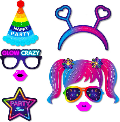 25pcs Glow Neon Photo Booth Props with Stick, Photo Props for Birthday Let's Glow Themed Neon Glow in The Dark Disco Black Light Party Decoration Supplies
