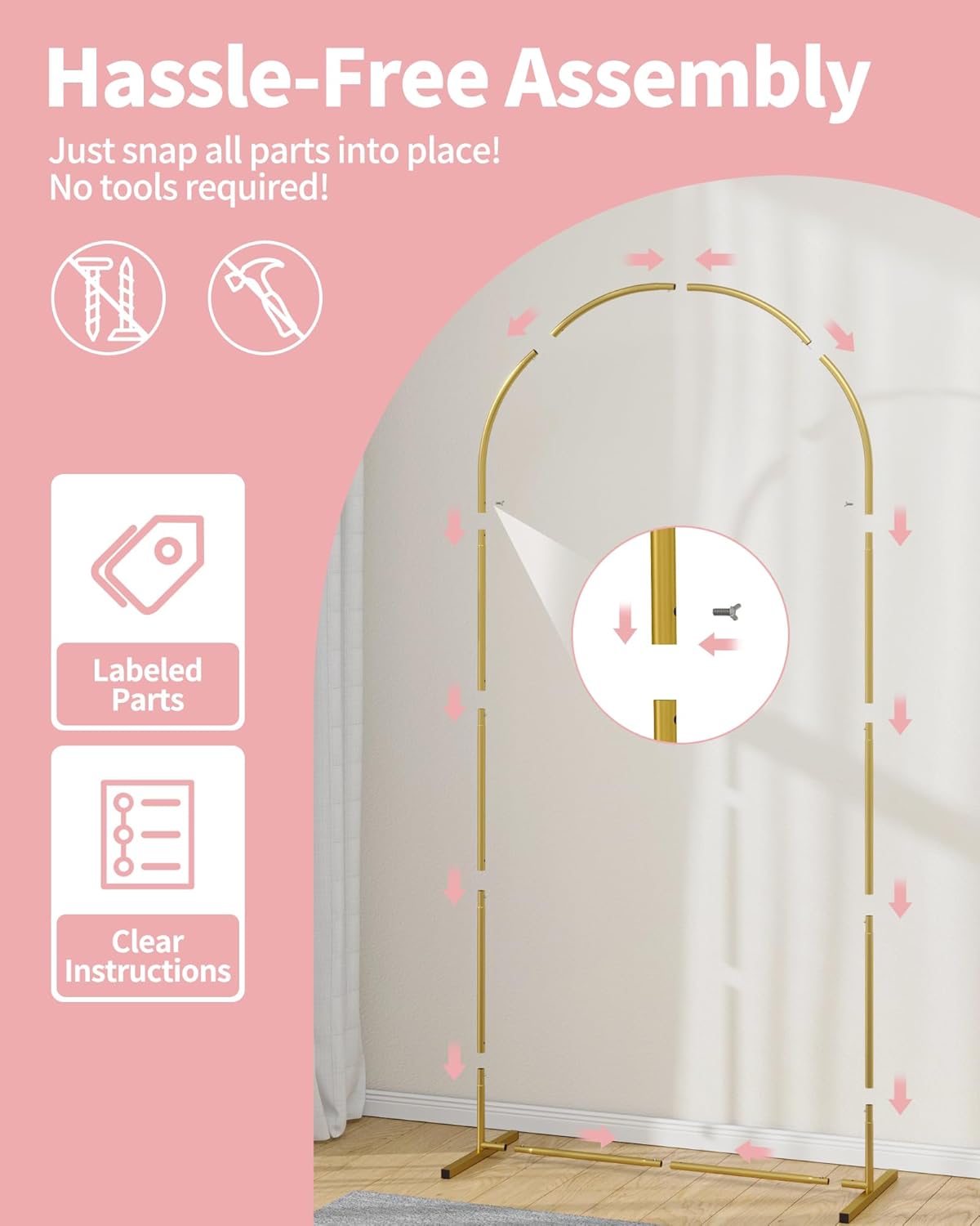 Pureegg Gold Metal Arch Backdrop Stand Set of 3 (7.2ft & 6.0ft & 6.0ft), Wedding Balloon Arch Stand with Stable Base, Backdrop Frame & Cover for Party, Birthday, Graduation, Photo Booth, Easy Assembly