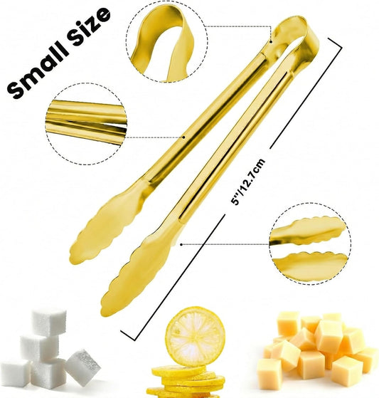8PCS Gold Mini Metal Tongs, 5" Stainless Steel Serving Tiny Tong, Small Kitchen Accessories for Appetizer, Ice, Sugar Cube, Salad, Toaster, Desserts