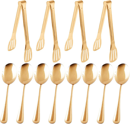 12PCS Stainless Steel Serving Utensils Sets,8 Large Serving Spoons,4 Serving Tongs,Gold Serving Utensills Sets for Buffet Catering Banquet Party (Gold)