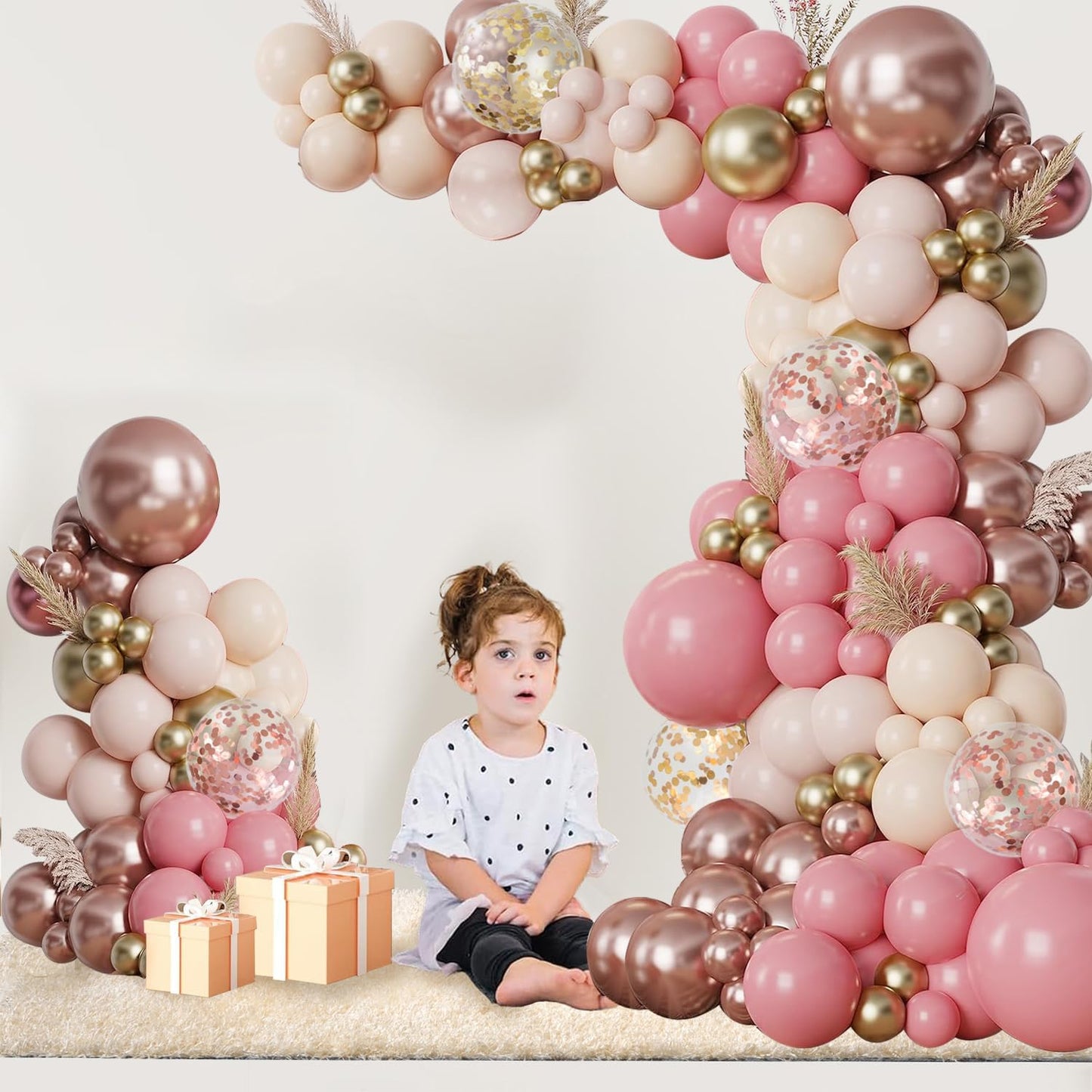 Pink Gold White Balloon Arch Kit - 144 PCs Pastel Light Pink and Beige Sand White Gold Chrome Balloons for Mothers Day Girls Women Birthday Bridal Shower Engagement Wedding Party Decorations