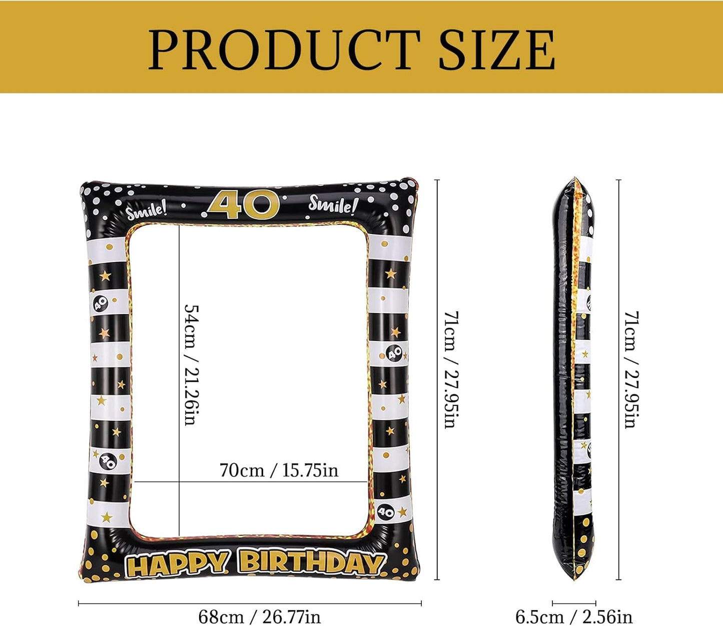 Andiker 40th Inflatable Birthday Selfie Frame, Black Gold Photo Booth Props Funny Picture Frame for Party Decorations