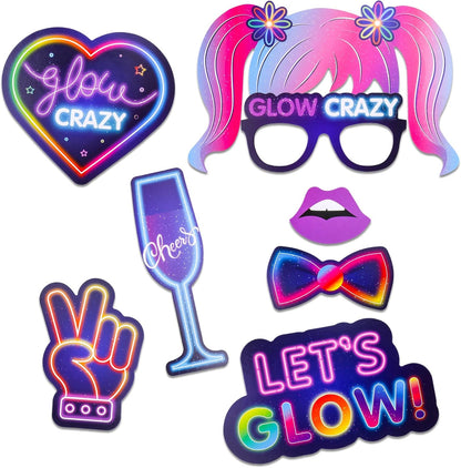 Qpout 25 Pieces Glow Party Photo Props, Neon Party Photo Booth Props, Fluorescent Selfie Props, Glow in The Dark Party Photo Props Posing Props Bar Decoration