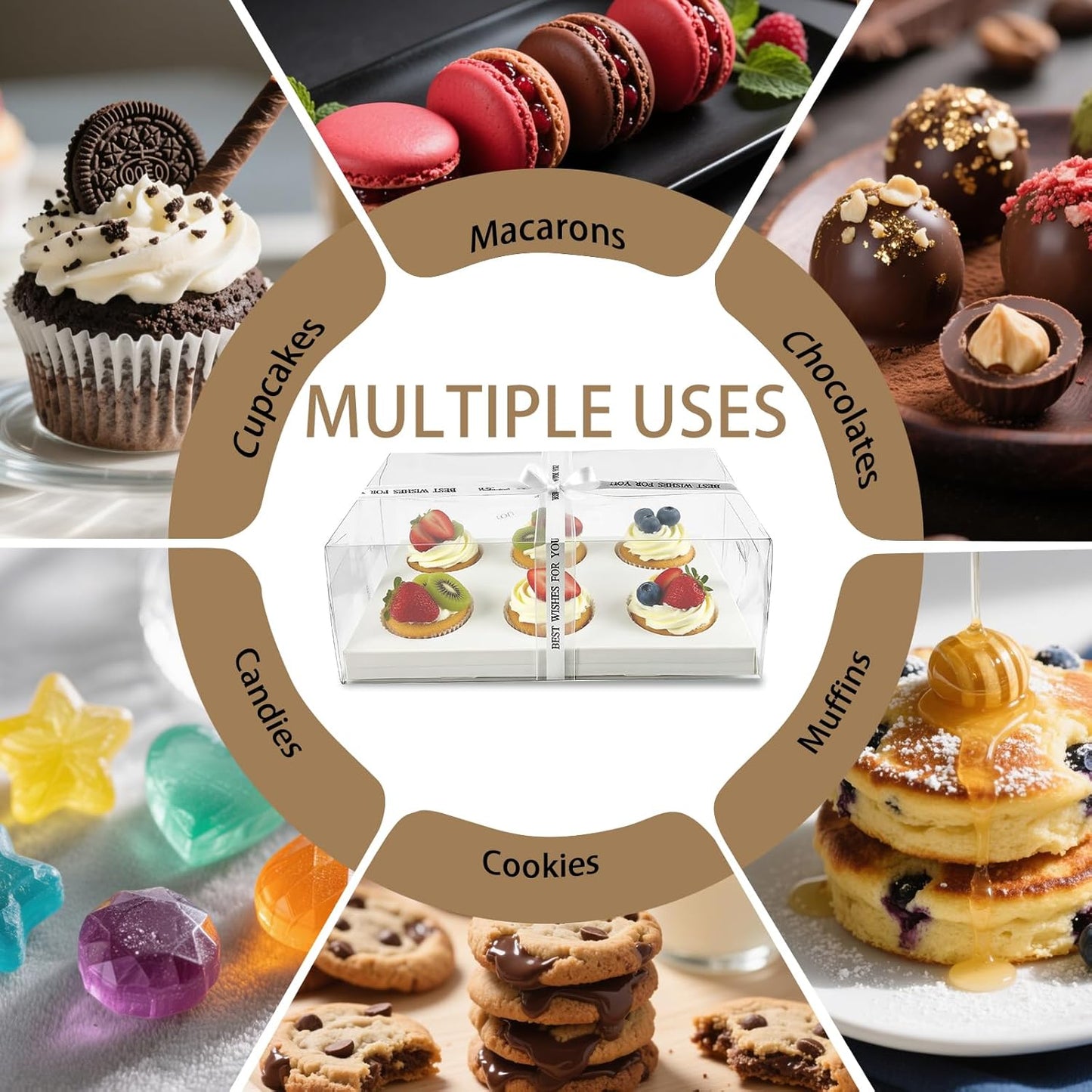15 Pack Clear Cupcake Boxes, 6 Compartment Cupcake Container Set, Stackable Plastic Dessert Box with Gift Ribbon for Muffins, Macarons, Cookies, Dessert, Party(10.5 x 7.08 x 4 Inches)