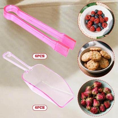 12Pcs Clear Plastic Ice Scoops Tongs Set, Small Tongs for Serving Food, Mini Candy Scoops for Candy Buffet Dry Goods Freezer Bin Canisters (Clear Pink)
