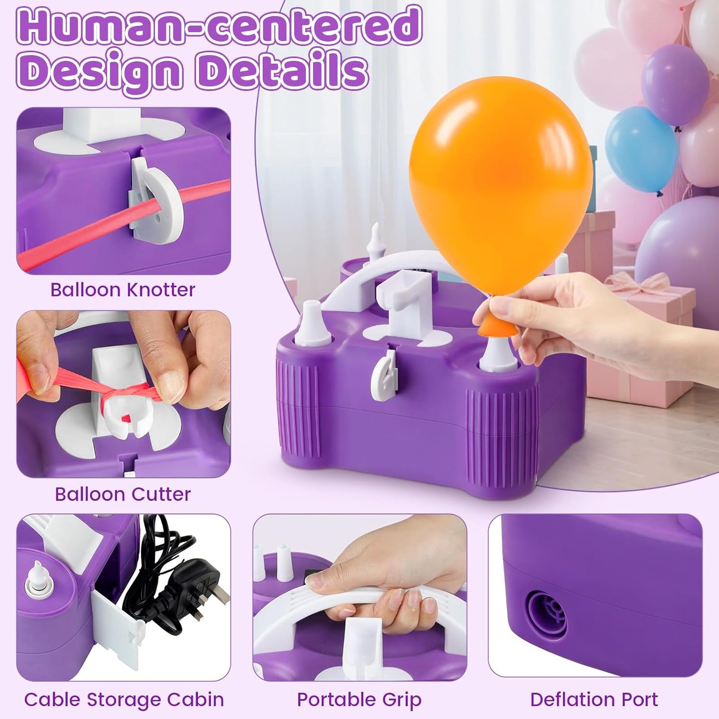 4-in-1 Electric Balloon Pump for All Balloons,Portable Dual Nozzle 600W Air Pump for Balloons,High Power Balloon Blower for Latex Foil 260q Mylar Balloon,Inflation Pool Float and Sports Balls