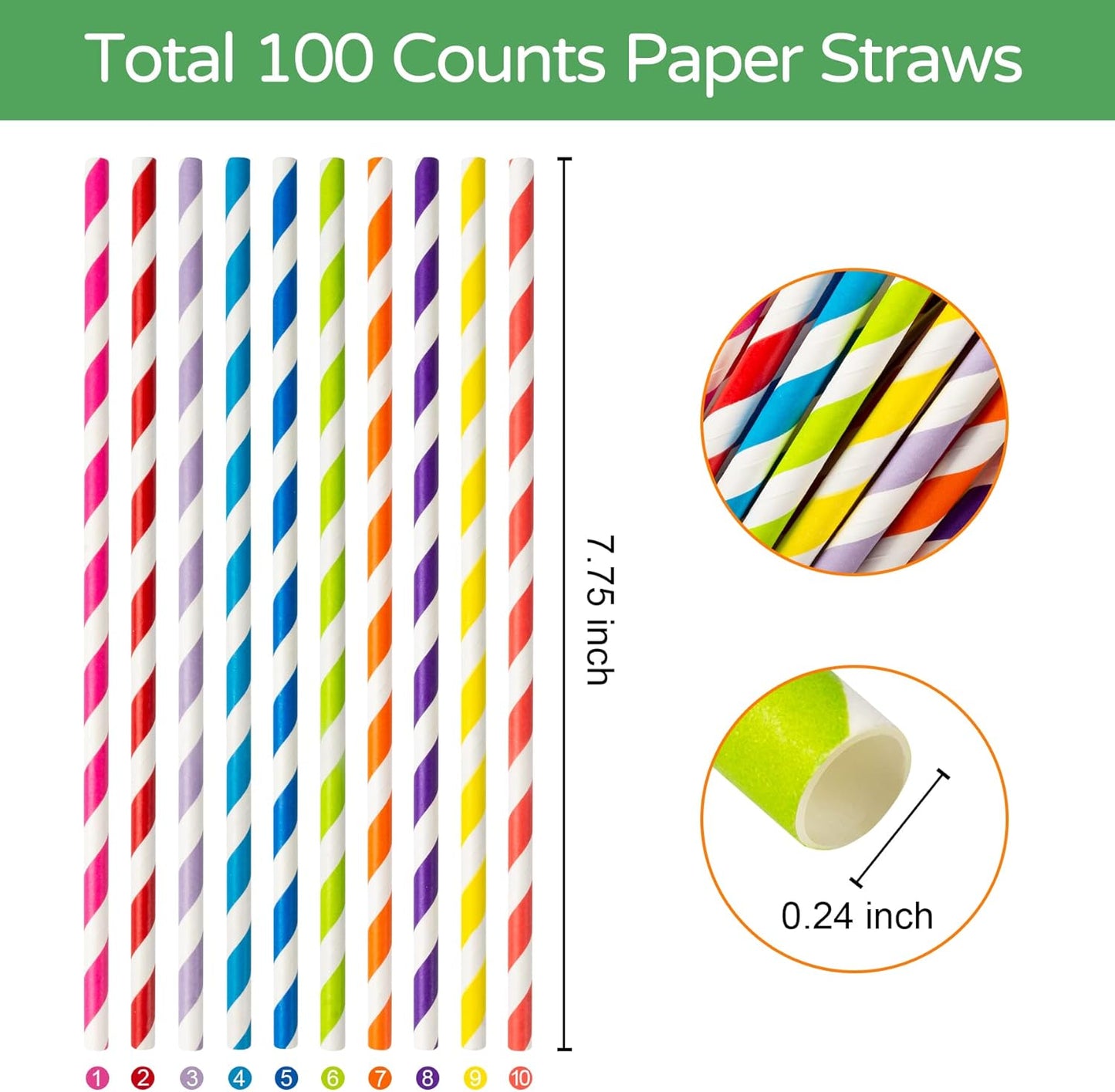 PakTalk 100 Pack Red Straws, Disposable Red and White Biodegradable Paper Striped Straws for Cocktail, Milkshake, Coffee, Lemonade (0.24" x 7.75")
