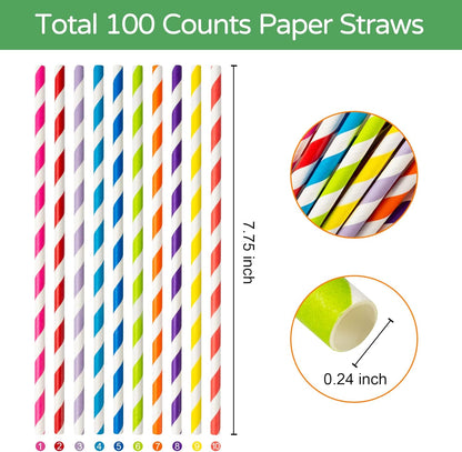 PakTalk 100 Pack Red Straws, Disposable Red and White Biodegradable Paper Striped Straws for Cocktail, Milkshake, Coffee, Lemonade (0.24" x 7.75")