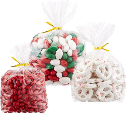 Zcintert Clear Cello Cellophane Treat Bags, 100 Pcs - 7.9" x 11" (2mils), Plastic Gift Bags for Candy, Party Favor, Cookies, Candies Packaging, with 4” Twist Ties