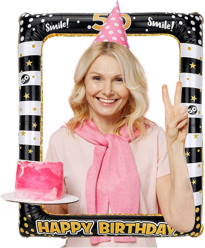 Andiker 40th Inflatable Birthday Selfie Frame, Black Gold Photo Booth Props Funny Picture Frame for Party Decorations