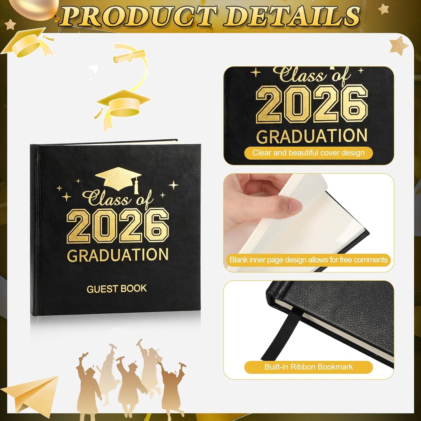 Pajean Graduation Guest Book Set Class of 2026 Memory Scrapbook with Photo Guest Book Sign Dual Tip Pens Photo Corner Stickers Grad Cap Stickers for Grad Party Decorations Supplies Gifts (Black)