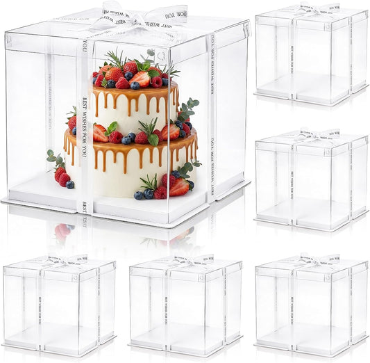 Cididu 6 Pcs Clear Cake Box with Ribbon 2-Layer 10x10x10 Inch, Transparent Cake Carrier Box with Lids, PET Tall Cake Packaging Boxes, Clear Gift Boxes for Mother's Day Birthday Wedding Festival Party