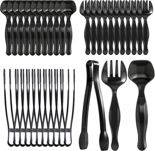 36 Pcs Plastic Serving Utensils Set, 9'' Heavy Duty Disposable Serving Spoons, Forks & Tongs, Large Black Party Serving Supplies for Buffet, Restaurant, Catering, Salad, Pasta & Soup