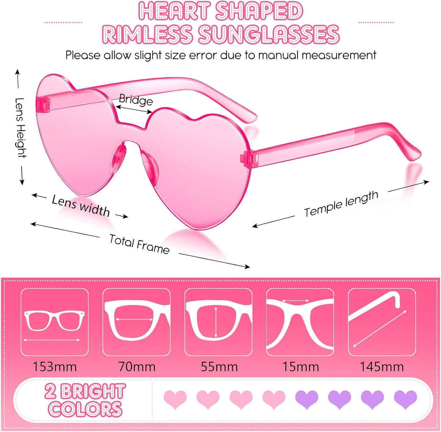 Frienda 8 Pairs Heart Shaped Sunglasses for Women Rimless Heart Glasses Candy Color Sunglasses for Party Favor