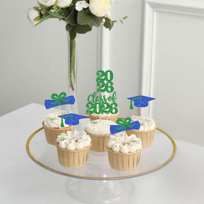 36 PCS 2026 Graduation Theme Cupcake Toppers Glitter Class of 2026 Grad Cap Diploma Cupcake Picks 2026 Graduation Theme Party Cake Decorations Supplies Deep Blue