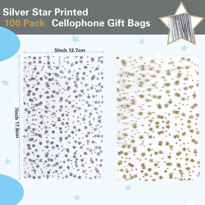 100 Pcs Star Printed 5"X 7" Gift Wrap Cello Cellophane Treat Bags Party Favor bags Clear Candy Cookie Bag Plastic Poly Goodie Storage Bag with Twist Ties for Bakery,Birthday, Wedding ,Party Decorations (Gold)