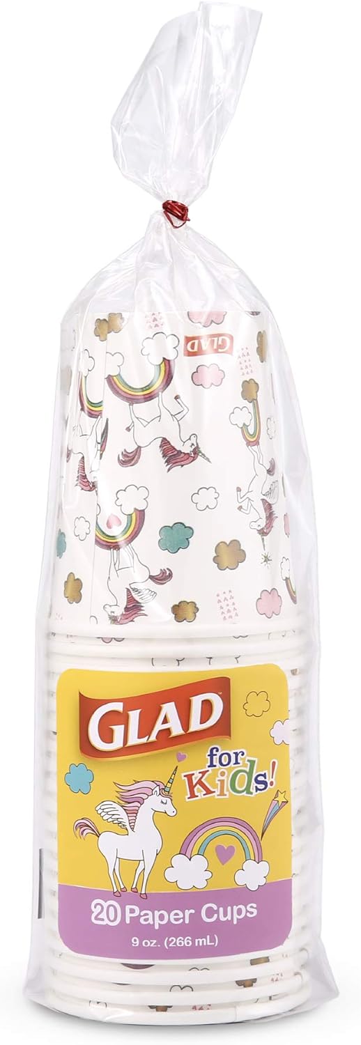 Glad for Kids Unicorn Paper Cups, White with Colorful Unicorn Design, 9 Ounce Soak-Proof Paper Cups for Kids, Heavy Duty for Everyday Use, Perfect for Playdates and Parties, 20 Count