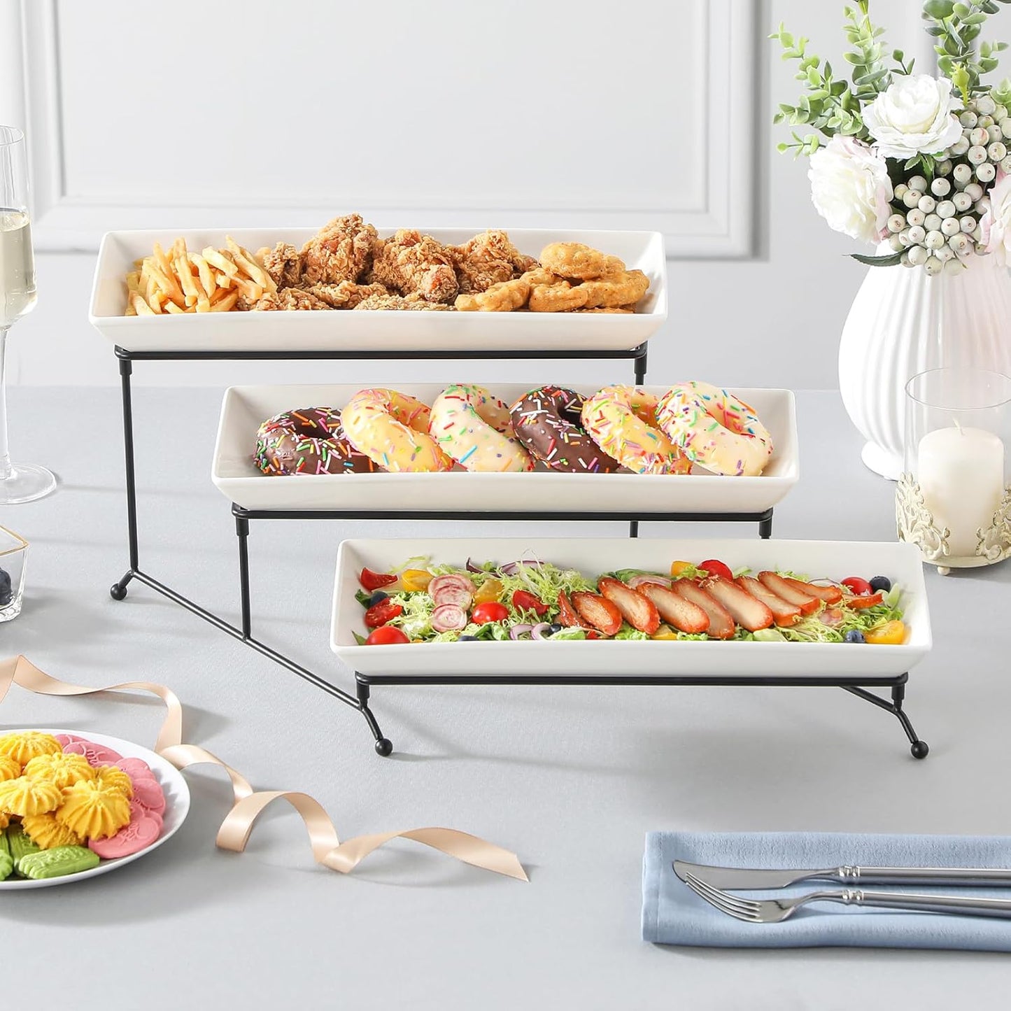MALACASA 3 Tier Serving Trays for Party, Porcelain Serving Platters and Trays, 12 Inch Tiered Tray Stand, Fruit Tray, Trays for Serving Food, White Dessert Stand with Collapsible Sturdier Metal Rack