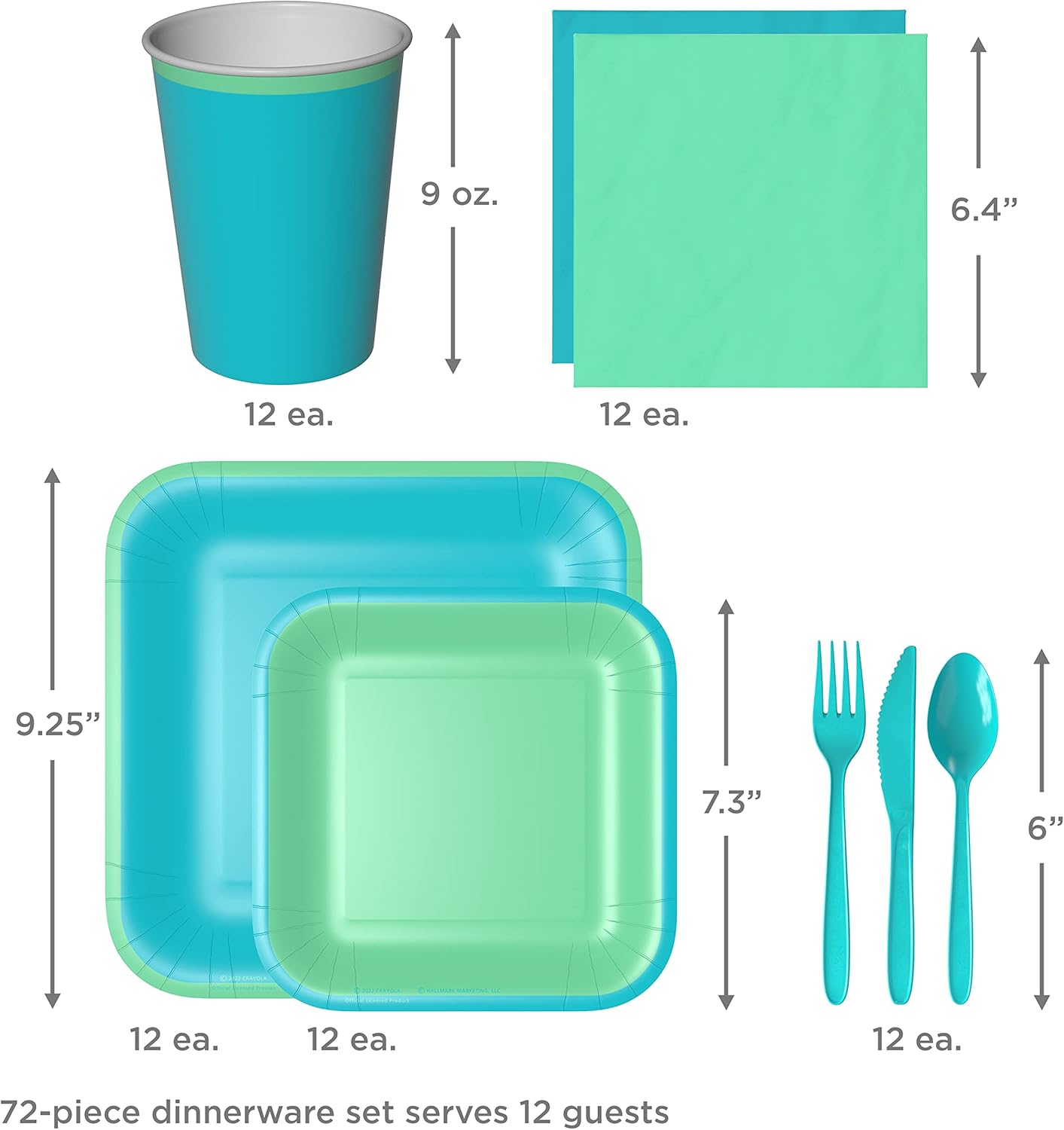 Hallmark Crayola Hallmark Color Pop Green and Blue Party Supplies (12 Dinner Plates, 12 Dessert Plates, 12 Paper Cups, 24 Napkins, 12 Sets of Plastic Cutlery) for Birthdays, Baby Showers, Father's Day