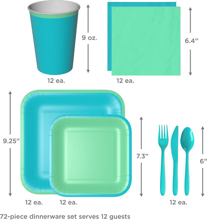 Hallmark Crayola Hallmark Color Pop Green and Blue Party Supplies (12 Dinner Plates, 12 Dessert Plates, 12 Paper Cups, 24 Napkins, 12 Sets of Plastic Cutlery) for Birthdays, Baby Showers, Father's Day