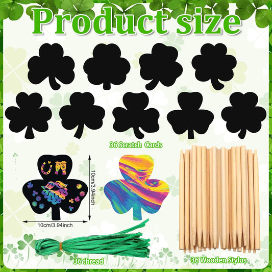 Jenaai 36 Pack St. Patrick's Day Shamrocks Scratch Crafts Bulk Rainbow Luck Color Craft Hanging Ornaments Kit for DIY Activity Art Project Party Favor Gift Tag