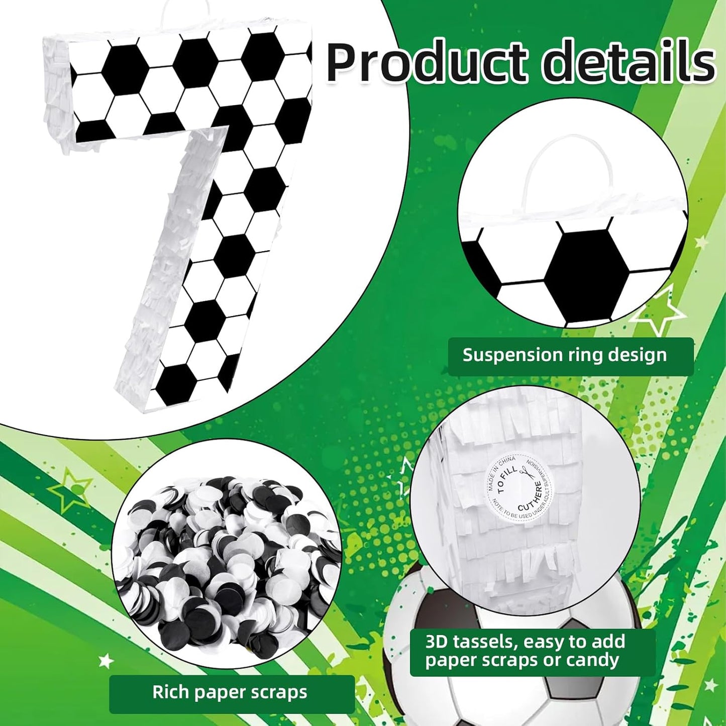 16Inch Soccer Ball Number 9 Piñata Includes Wooden Stick, Blindfold, and Confetti for for Kids 7th Anniversary Sport Themed Party Birthday Supplies
