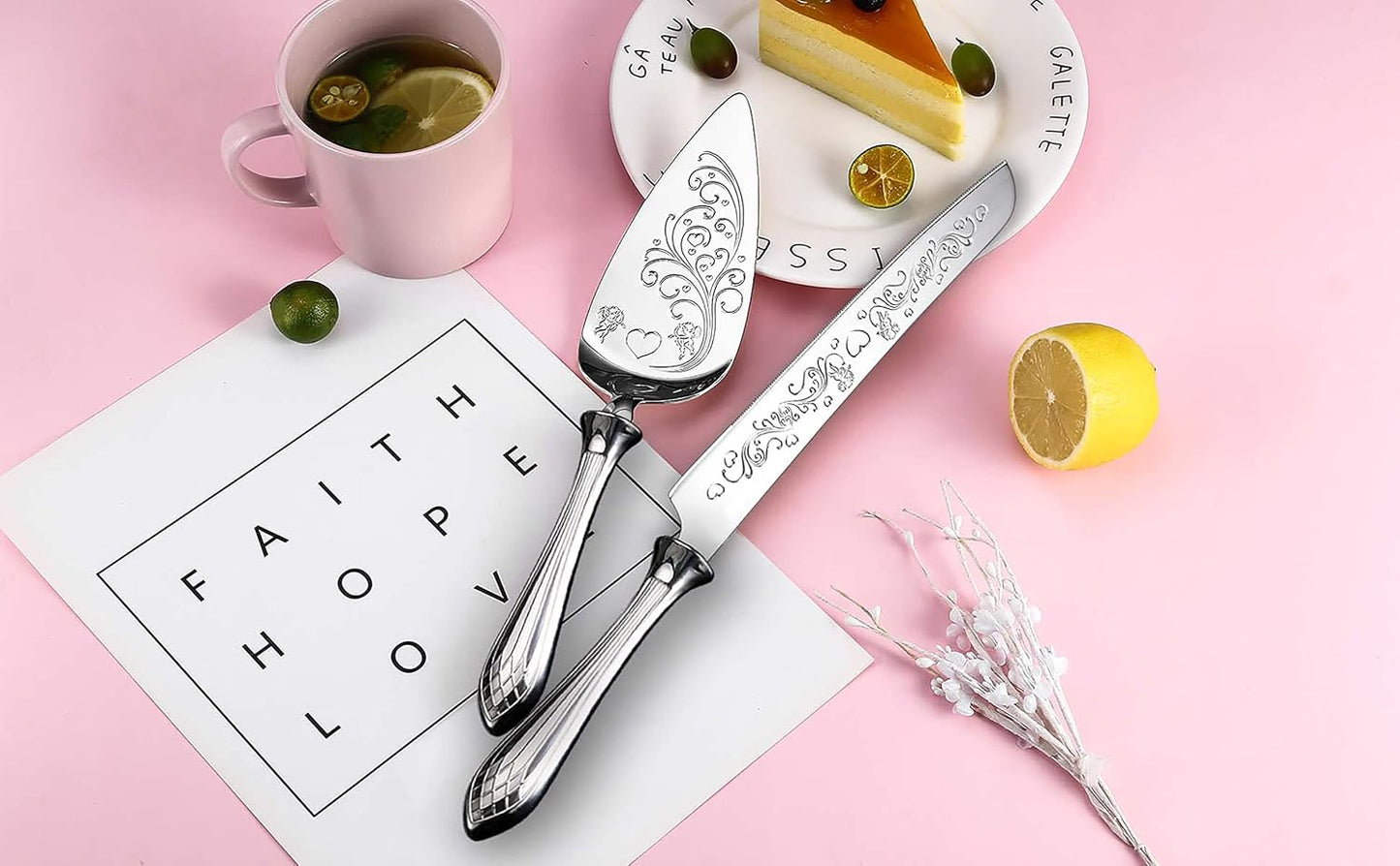 Cake Knife and Server Set,18/10 Stainless Steel Cake Cutting Set, Sweet Love Cake Serving Set Perfect For Wedding, Birthday,Home, Parties and Events