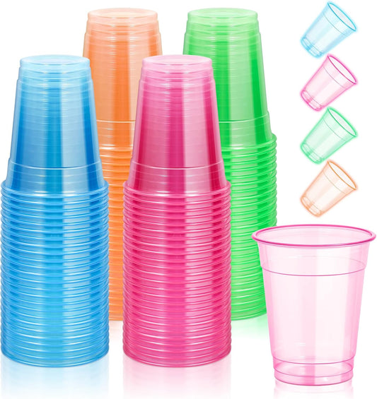 KesaPlan 120 PCS Plastic Neon Cups, 12 OZ Disposable Glow Cups Under UV Black Light for Neon Party Decorations, Colorful Glow in the Dark for Rave Party Christmas Thanksgiving Halloween Holidays