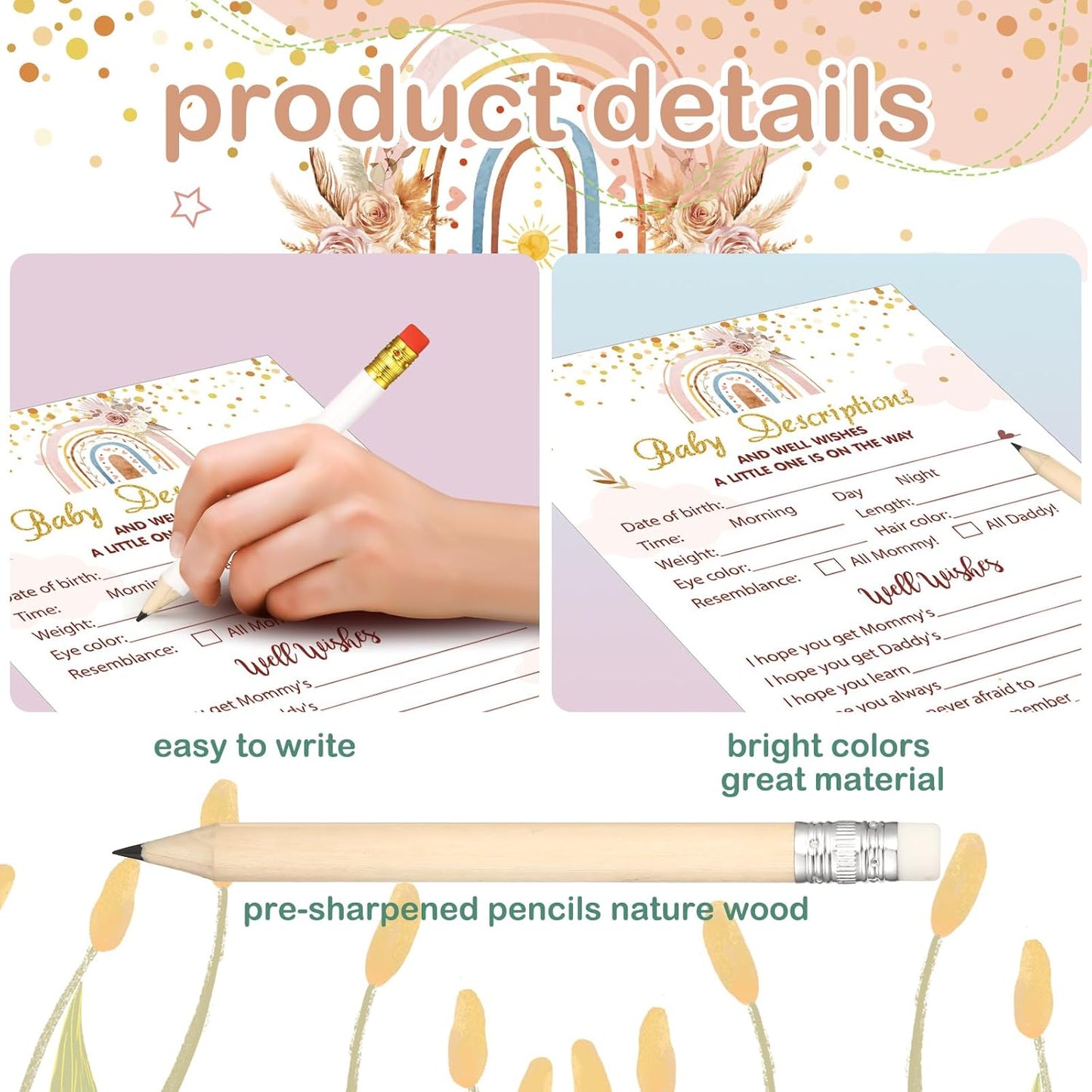 Yinder 145 Pcs Baby Shower Games Activities Cards with 20 Pencils Includes Baby Bingo Description and Wishes Guess Who Price is Right Word Scramble Game(Here Comes the Son)