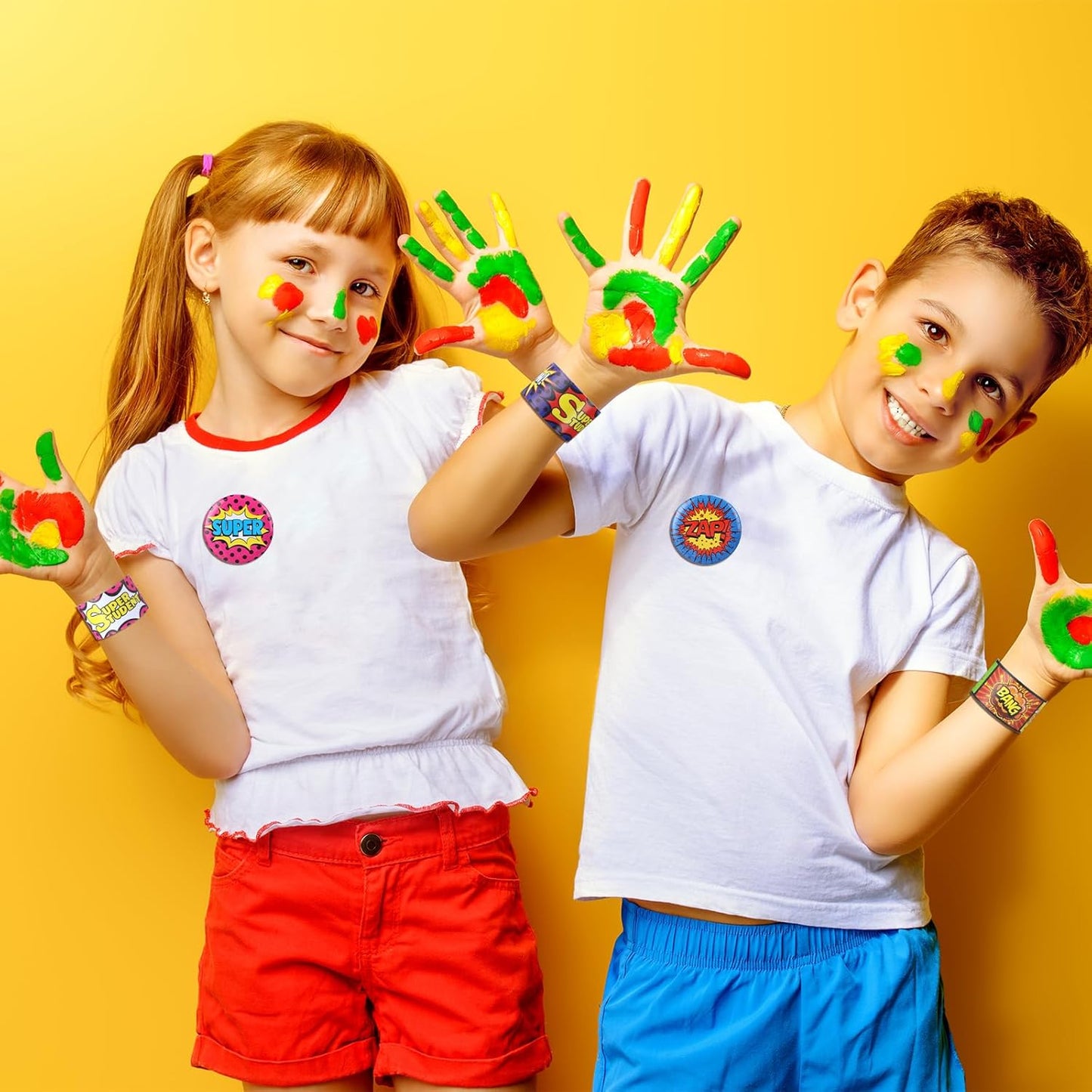 Junkin 60 Pcs Hero Party Favor Hero Slap Bracelets Comic Book Slap Bracelet for Kids Comic Book Mini Button Pin for Girl Boy Heroic Birthday Party Supplies Classroom Prizes Gift